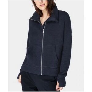 Sweaty Betty Navy Boucle Full Zip High Neck Restful Jacket Size 12 Pocket